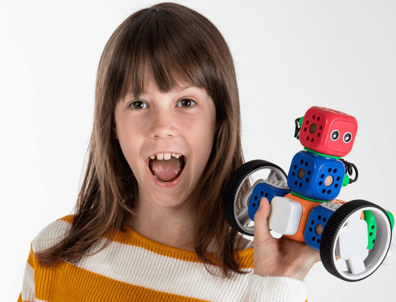 a girl with a self-made robot